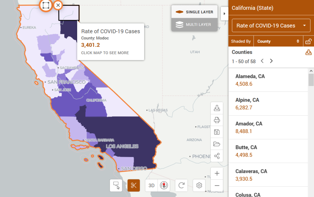 Map of California showing the rate of COVID-19 Cases.